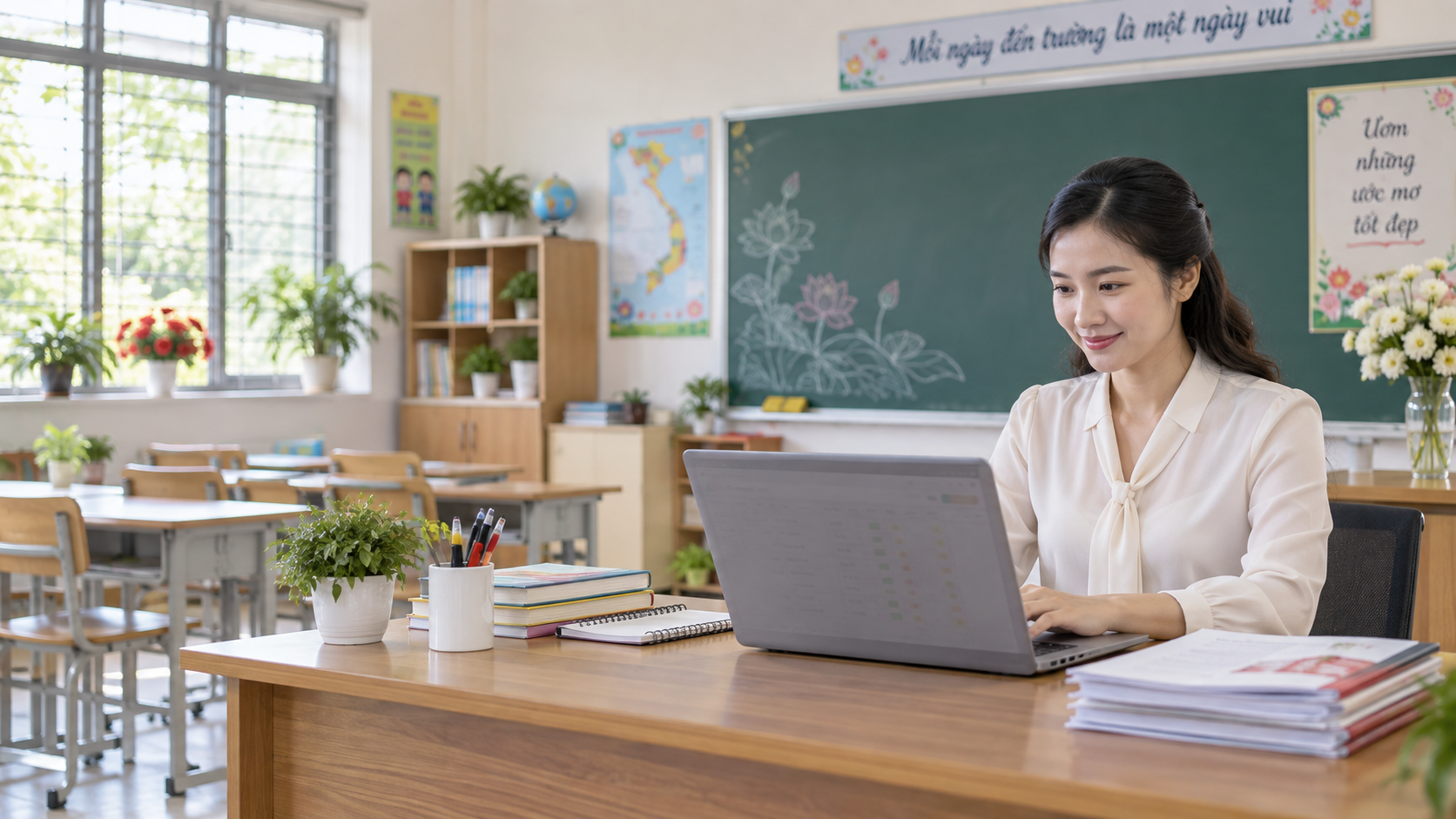 Giáo viên tiểu học sử dụng máy tính để hoàn thành đánh giá học sinh